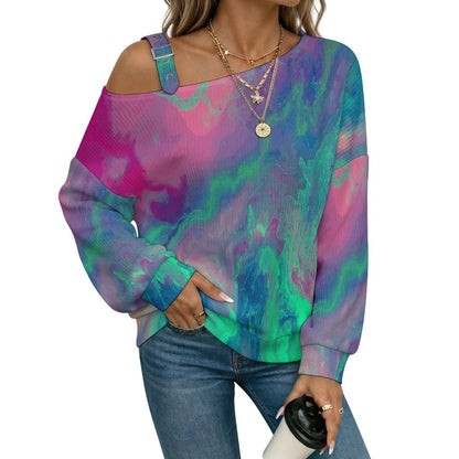 Fluid Pattern Buckle Strap Asymmetrical Off Shoulder Knit Sweater