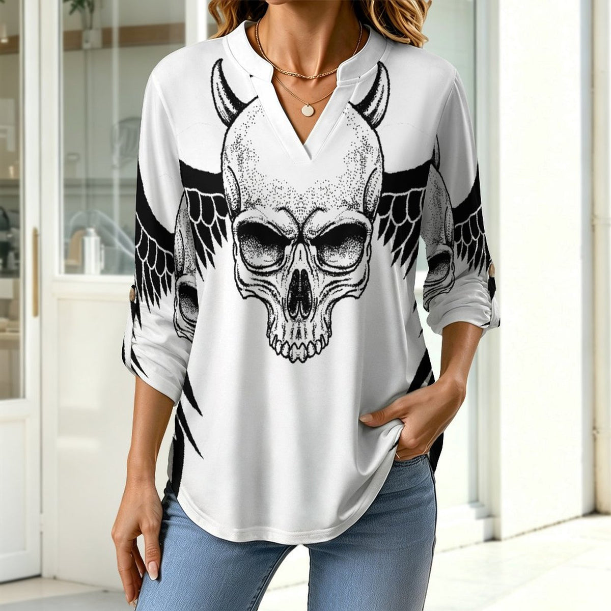Stand-up Collar Long-sleeved Shirt Skull T-shirt  Customization Women’s V-Neck Blouses,long Sleeve,Roll-Up Sleeve Shirt