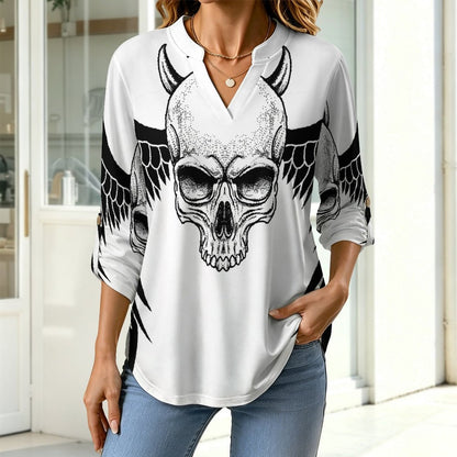 Stand-up Collar Long-sleeved Shirt Skull T-shirt  Customization Women’s V-Neck Blouses,long Sleeve,Roll-Up Sleeve Shirt