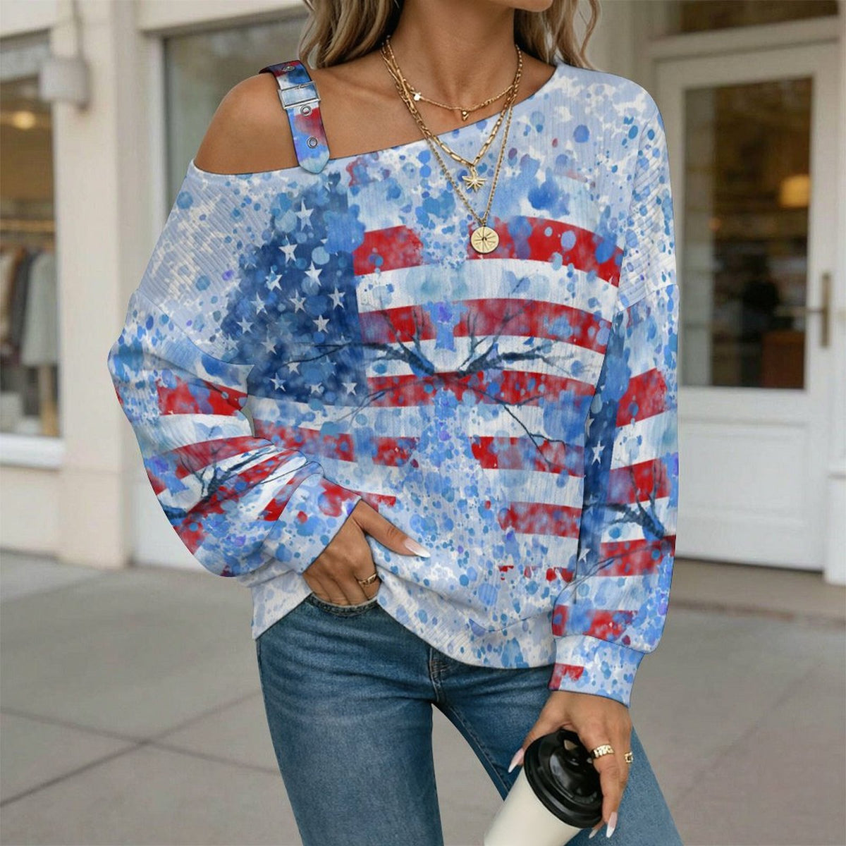 Off-the-shoulder Sweater Underwater Flag, Water Drops  Asymmetric Cold Shoulder Knit Sweater for Women, Adjustable Buckle Strap Long Sleeve Casual Slouchy Pullover