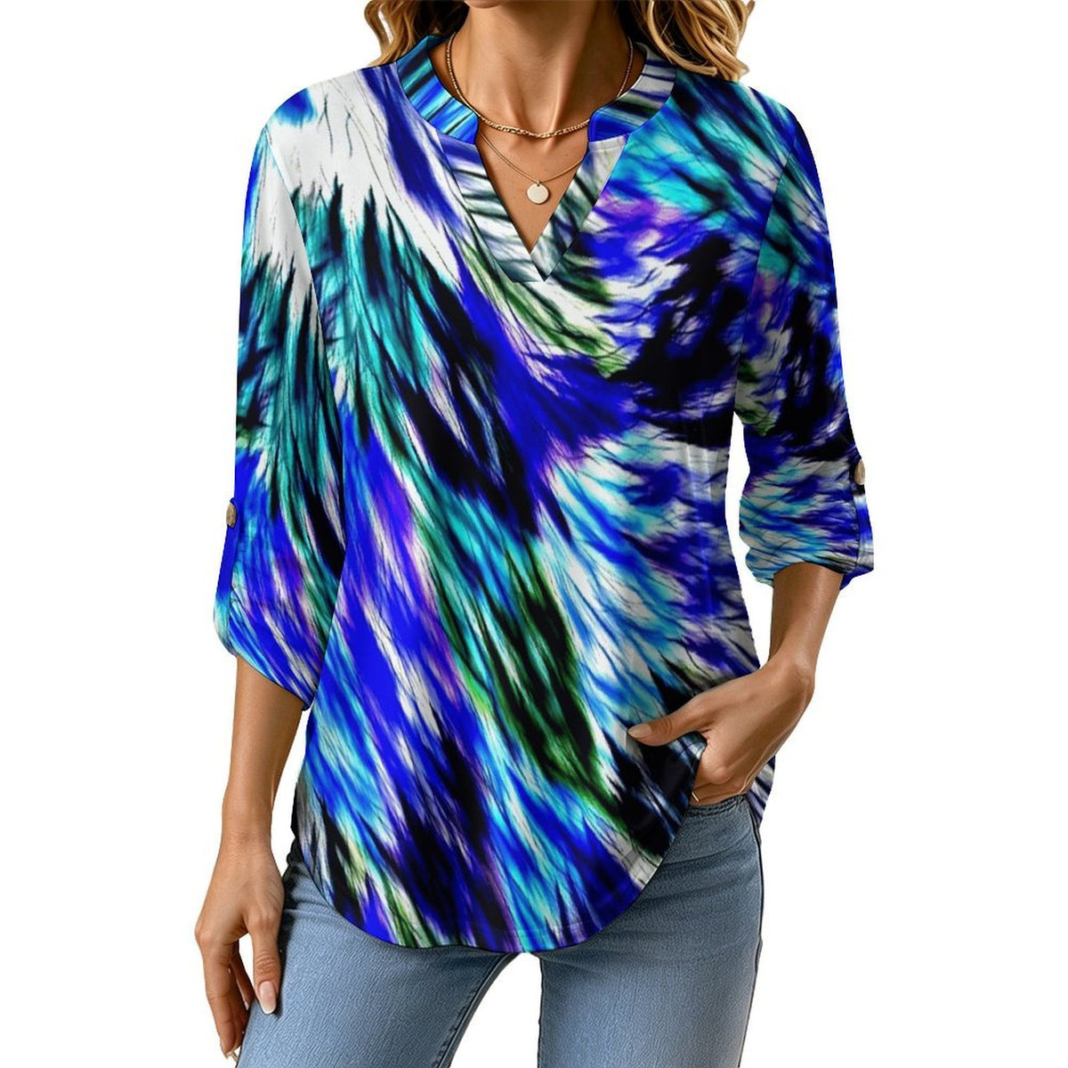 Stand-up Collar Long-sleeved Shirt Colorful Feather Pattern  Customization Women’s V-Neck Blouses,long Sleeve,Roll-Up Sleeve Shirt