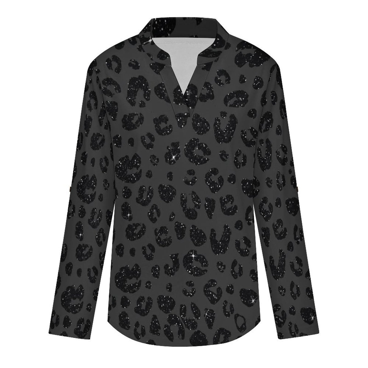 Stand-up Collar Long-sleeved Shirt Leopard Print  Women’s V-Neck Blouses
