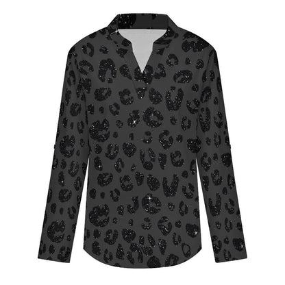 Stand-up Collar Long-sleeved Shirt Leopard Print  Women’s V-Neck Blouses