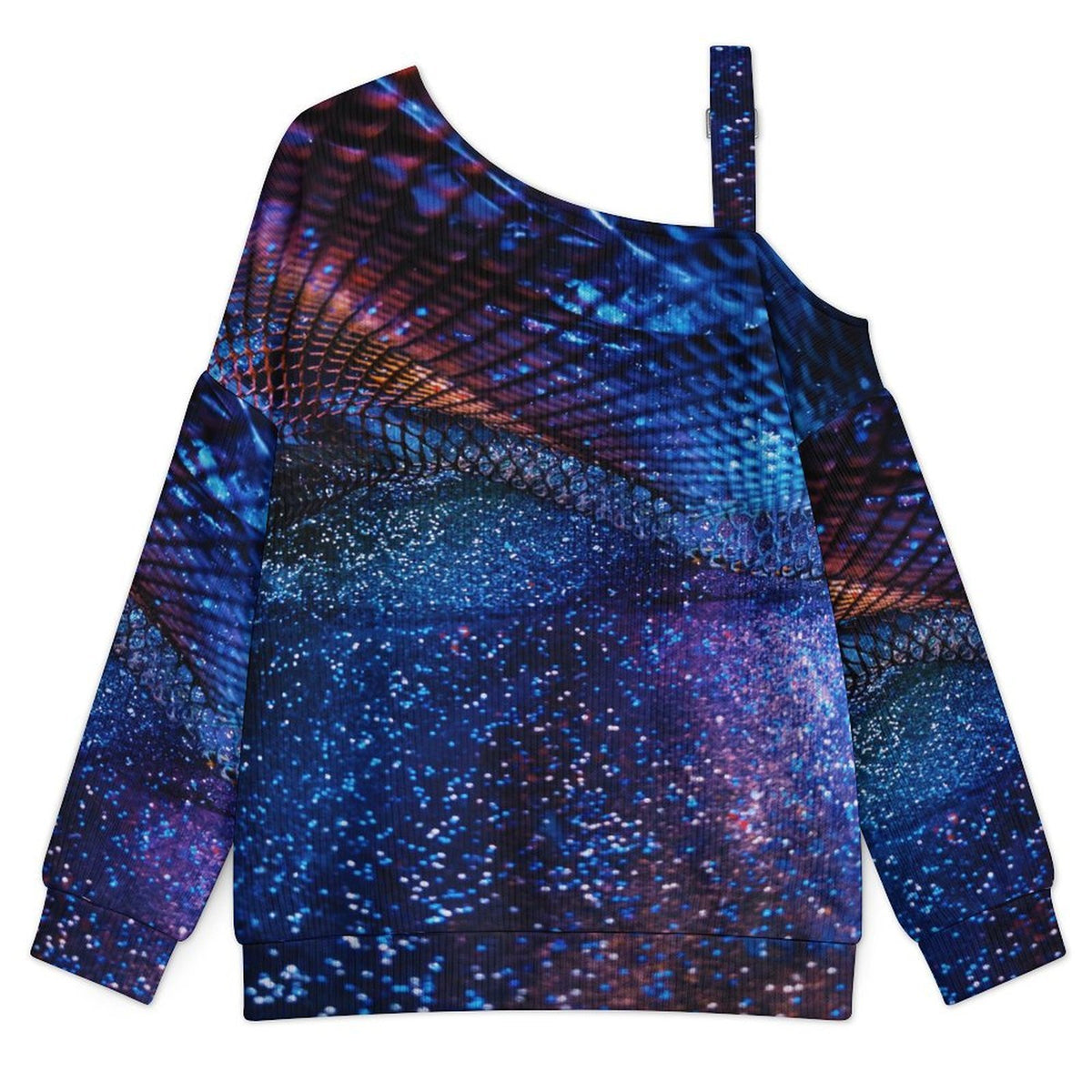 Off-the-shoulder Sweater Blue Starlight Pattern  Asymmetric Cold Shoulder Knit Sweater for Women, Adjustable Buckle Strap Long Sleeve Casual Slouchy Pullover