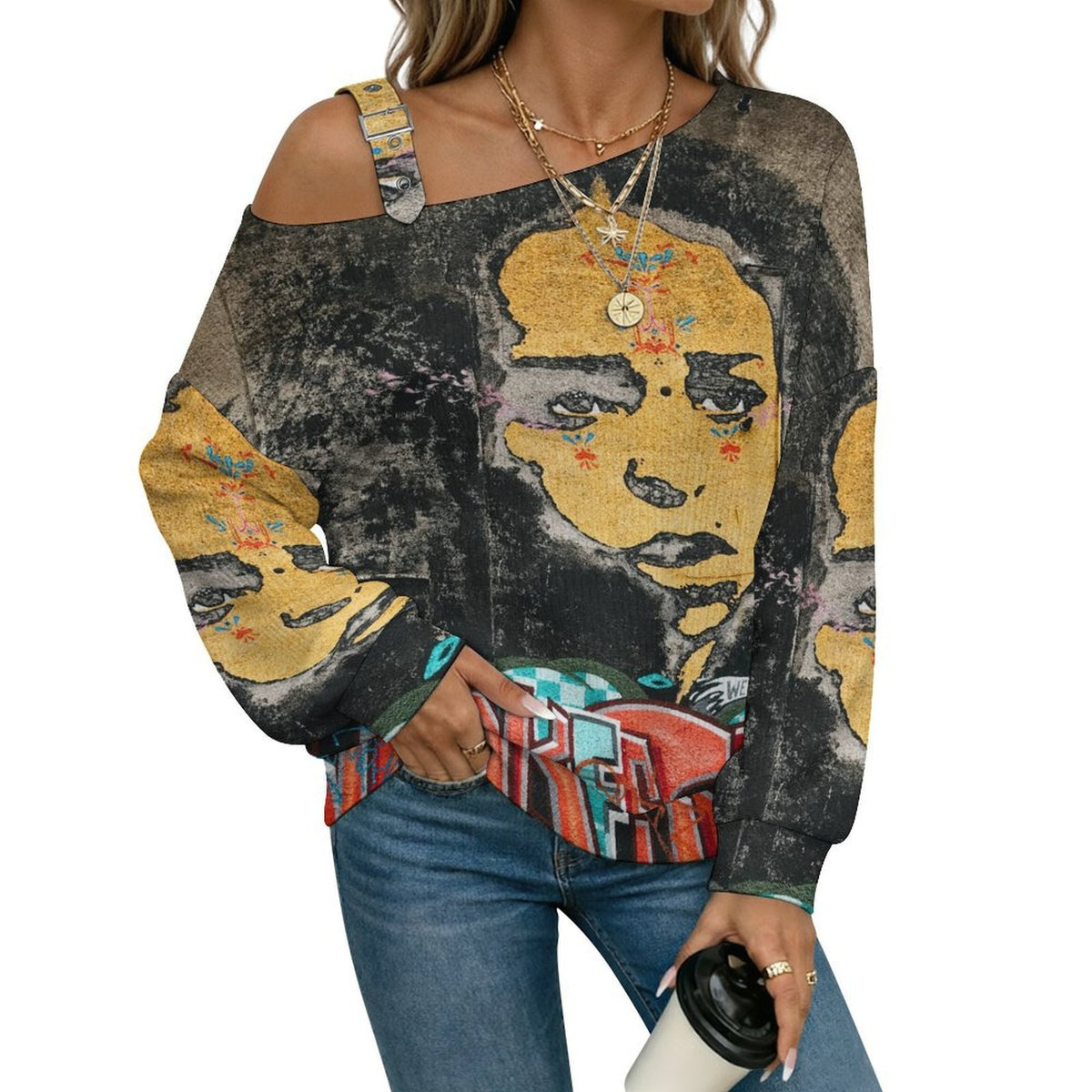 Off-the-shoulder Sweater Characters And Words  Asymmetric Cold Shoulder Knit Sweater for Women, Adjustable Buckle Strap Long Sleeve Casual Slouchy Pullover