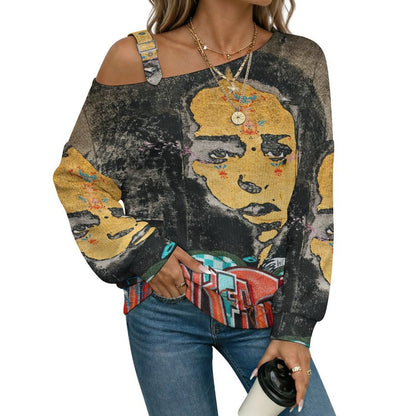 Off-the-shoulder Sweater Characters And Words  Asymmetric Cold Shoulder Knit Sweater for Women, Adjustable Buckle Strap Long Sleeve Casual Slouchy Pullover