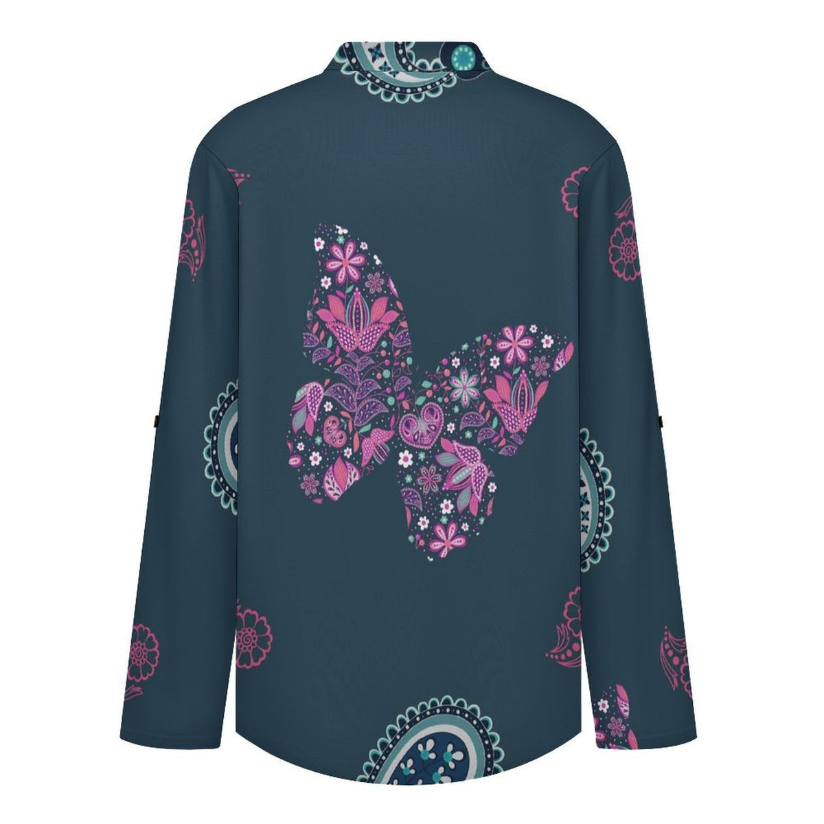 Women's Notched V Neck Tunic Tops, Roll Up 3/4 Sleeve Button Cuff Casual Blouse, Hem Loose Work Shirts  Paisley Texture Butterfly Repeat Tile Texture