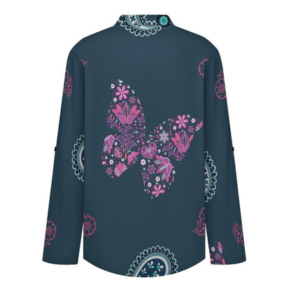 Women's Notched V Neck Tunic Tops, Roll Up 3/4 Sleeve Button Cuff Casual Blouse, Hem Loose Work Shirts  Paisley Texture Butterfly Repeat Tile Texture