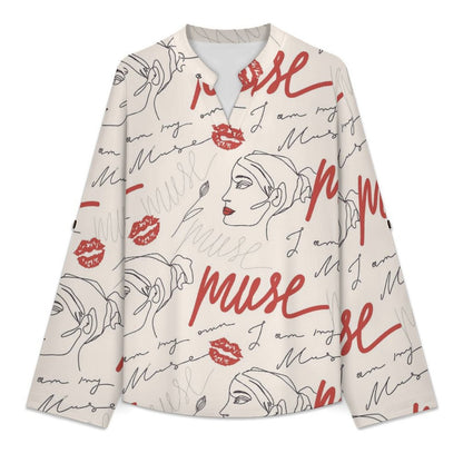 Stand-up Collar Long-sleeved Shirt Women, Roses,muse white S Women’s V-Neck Blouses