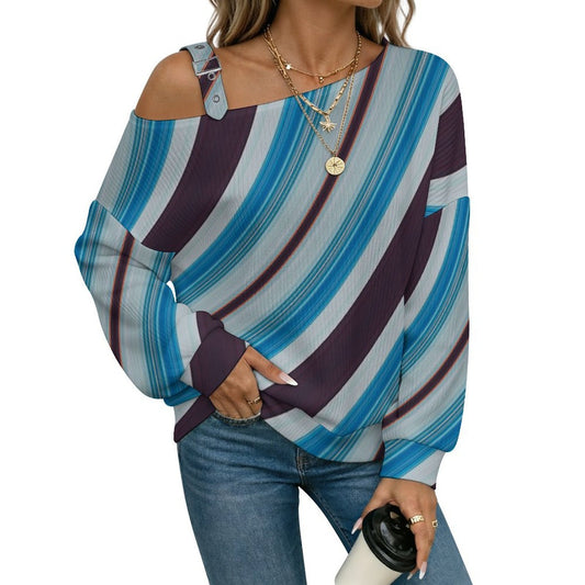 Off-the-shoulder Sweater Blue Smooth Pattern  Asymmetric Cold Shoulder Knit Sweater for Women, Adjustable Buckle Strap Long Sleeve Casual Slouchy Pullover
