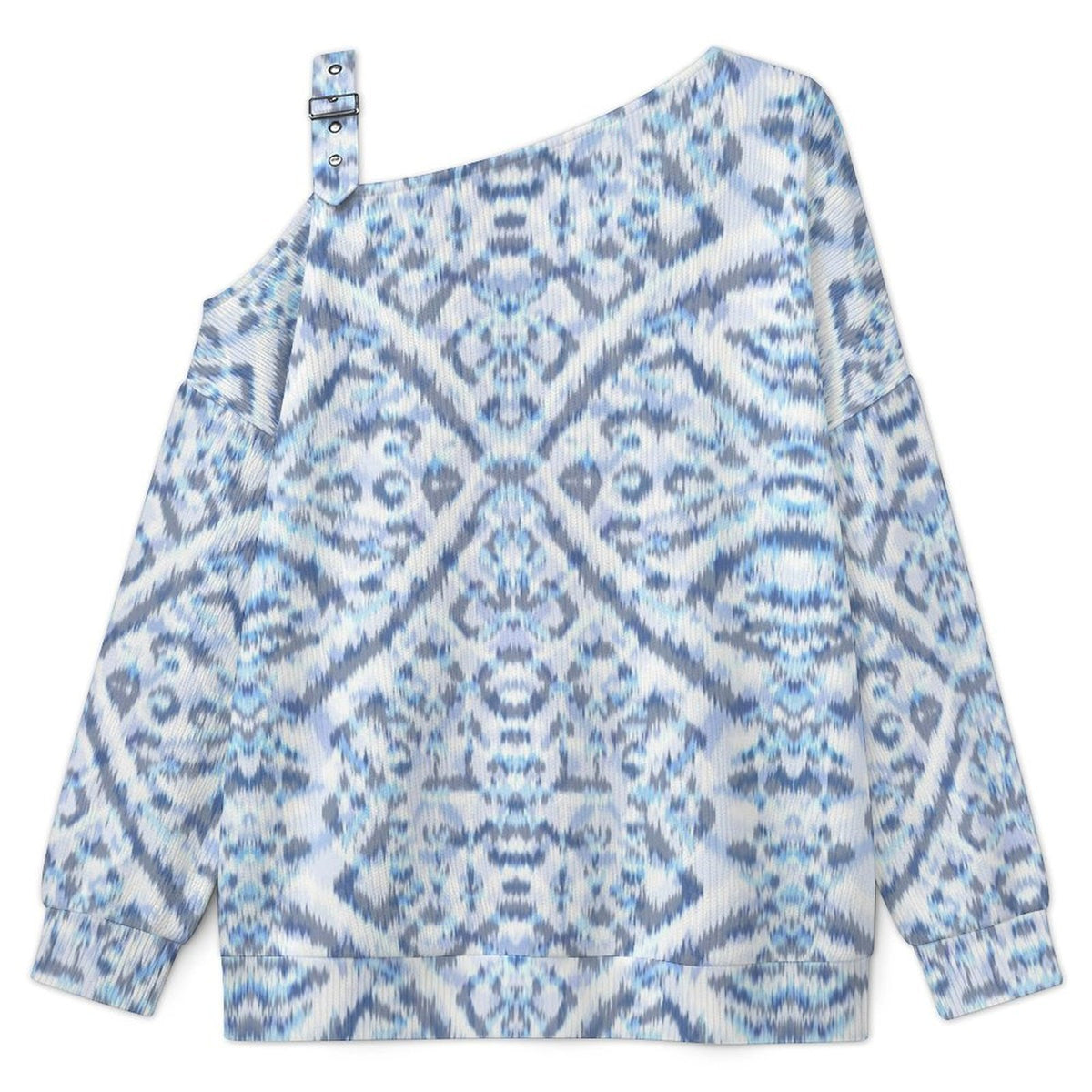 Off-the-shoulder Sweater European Retro Pattern  Asymmetric Cold Shoulder Knit Sweater for Women, Adjustable Buckle Strap Long Sleeve Casual Slouchy Pullover