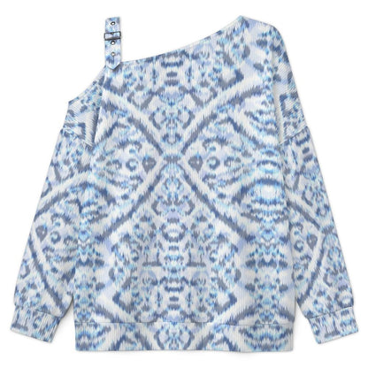 Off-the-shoulder Sweater European Retro Pattern  Asymmetric Cold Shoulder Knit Sweater for Women, Adjustable Buckle Strap Long Sleeve Casual Slouchy Pullover