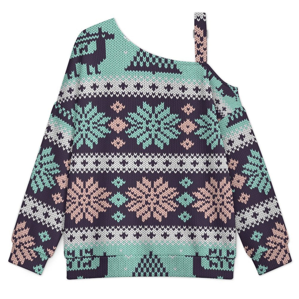 Off-the-shoulder Sweater European Retro Pattern  Asymmetric Cold Shoulder Knit Sweater for Women, Adjustable Buckle Strap Long Sleeve Casual Slouchy Pullover