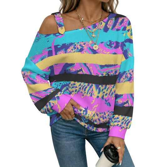 Off-the-shoulder Sweater Color Splash Stripe Pattern  Asymmetric Cold Shoulder Knit Sweater for Women, Adjustable Buckle Strap Long Sleeve Casual Slouchy Pullover