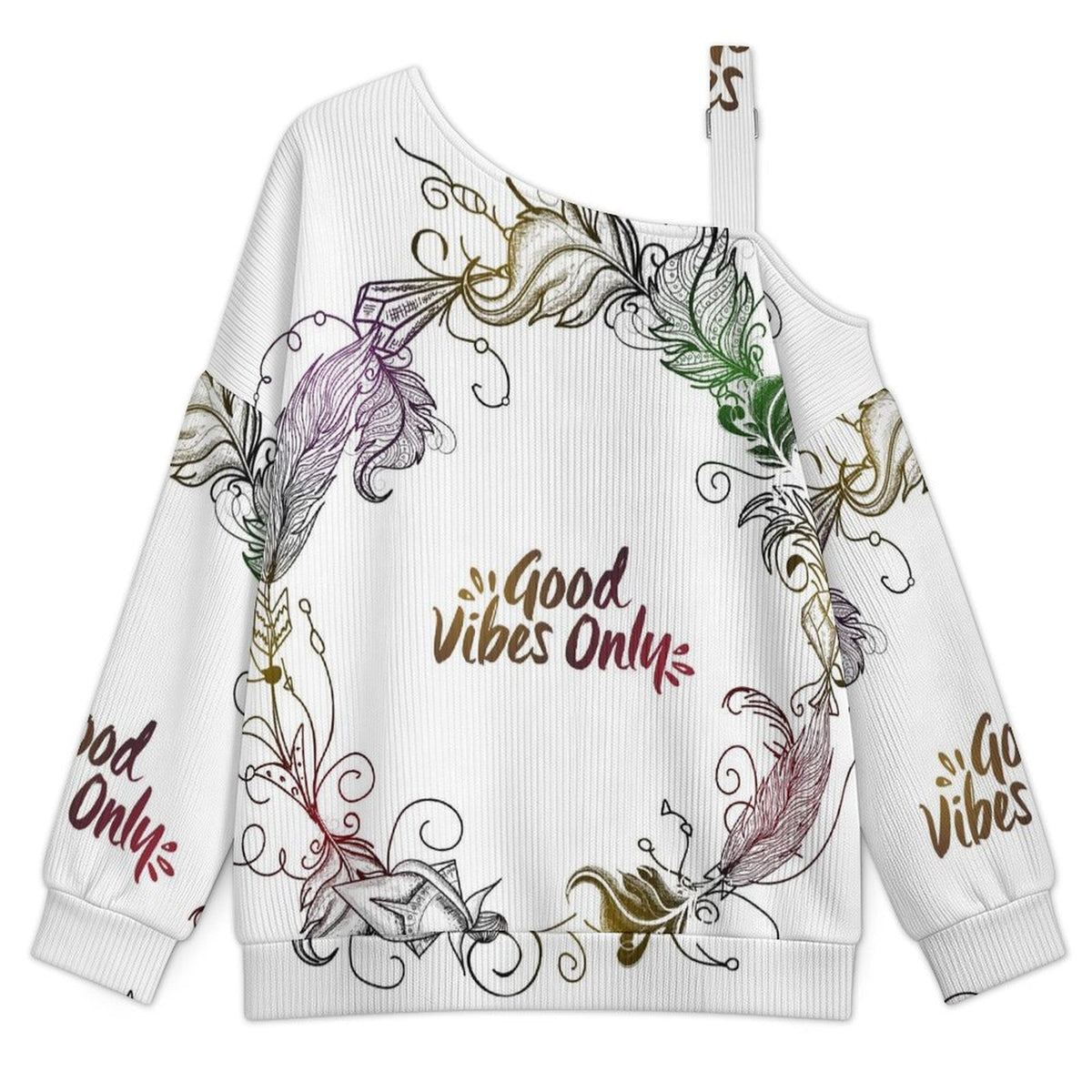 Off-the-shoulder Sweater Good Vibes Only  Asymmetric Cold Shoulder Knit Sweater for Women, Adjustable Buckle Strap Long Sleeve Casual Slouchy Pullover