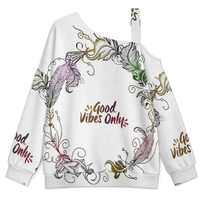 Off-the-shoulder Sweater Good Vibes Only  Asymmetric Cold Shoulder Knit Sweater for Women, Adjustable Buckle Strap Long Sleeve Casual Slouchy Pullover
