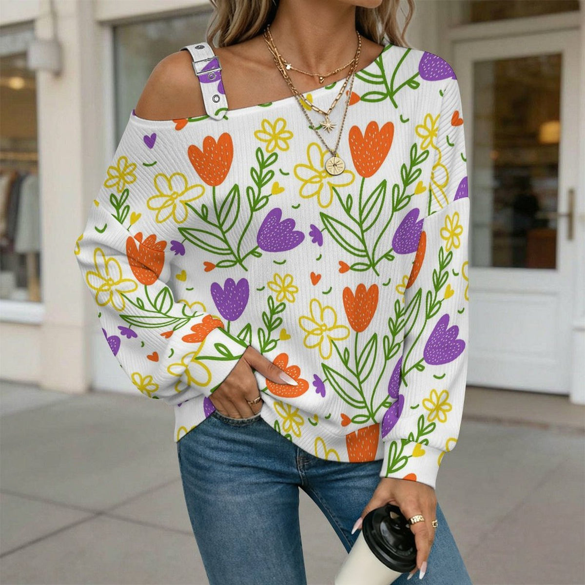 Off-the-shoulder Sweater Floral Pattern  Asymmetric Cold Shoulder Knit Sweater for Women, Adjustable Buckle Strap Long Sleeve Casual Slouchy Pullover