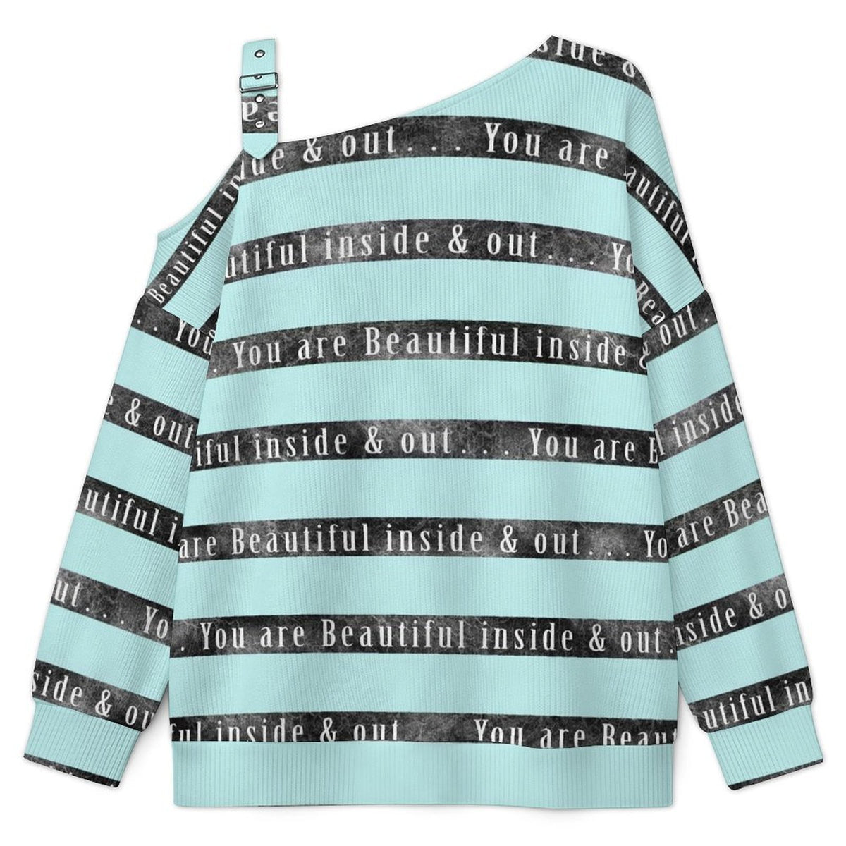 Off-the-shoulder Sweater Green Stripe, Black Stripe Font  Asymmetric Cold Shoulder Knit Sweater for Women, Adjustable Buckle Strap Long Sleeve Casual Slouchy Pullover