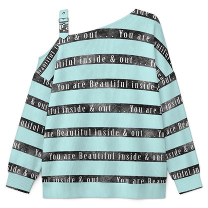 Off-the-shoulder Sweater Green Stripe, Black Stripe Font  Asymmetric Cold Shoulder Knit Sweater for Women, Adjustable Buckle Strap Long Sleeve Casual Slouchy Pullover