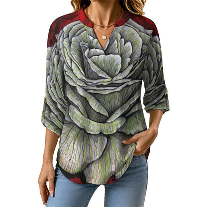 Stand-up Collar Long-sleeved Shirt Rose Artstic  Customization Women’s V-Neck Blouses,long Sleeve,Roll-Up Sleeve Shirt