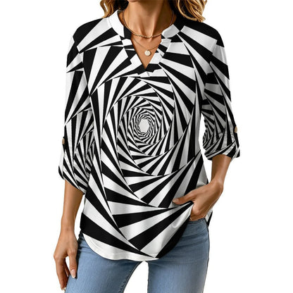 Black And White Interleaving Pattern  Women Curved Hem V Neck Roll Sleeve Casual Work Top