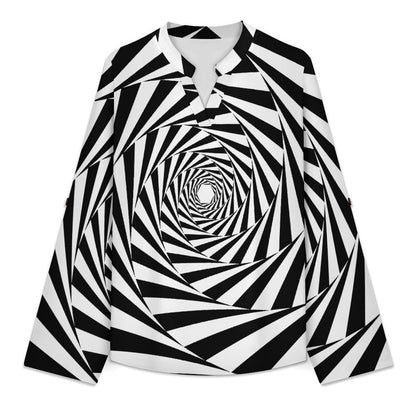 Stand-up Collar Long-sleeved Shirt Black And White Interleaving Pattern  Customization Women’s V-Neck Blouses,long Sleeve,Roll-Up Sleeve Shirt