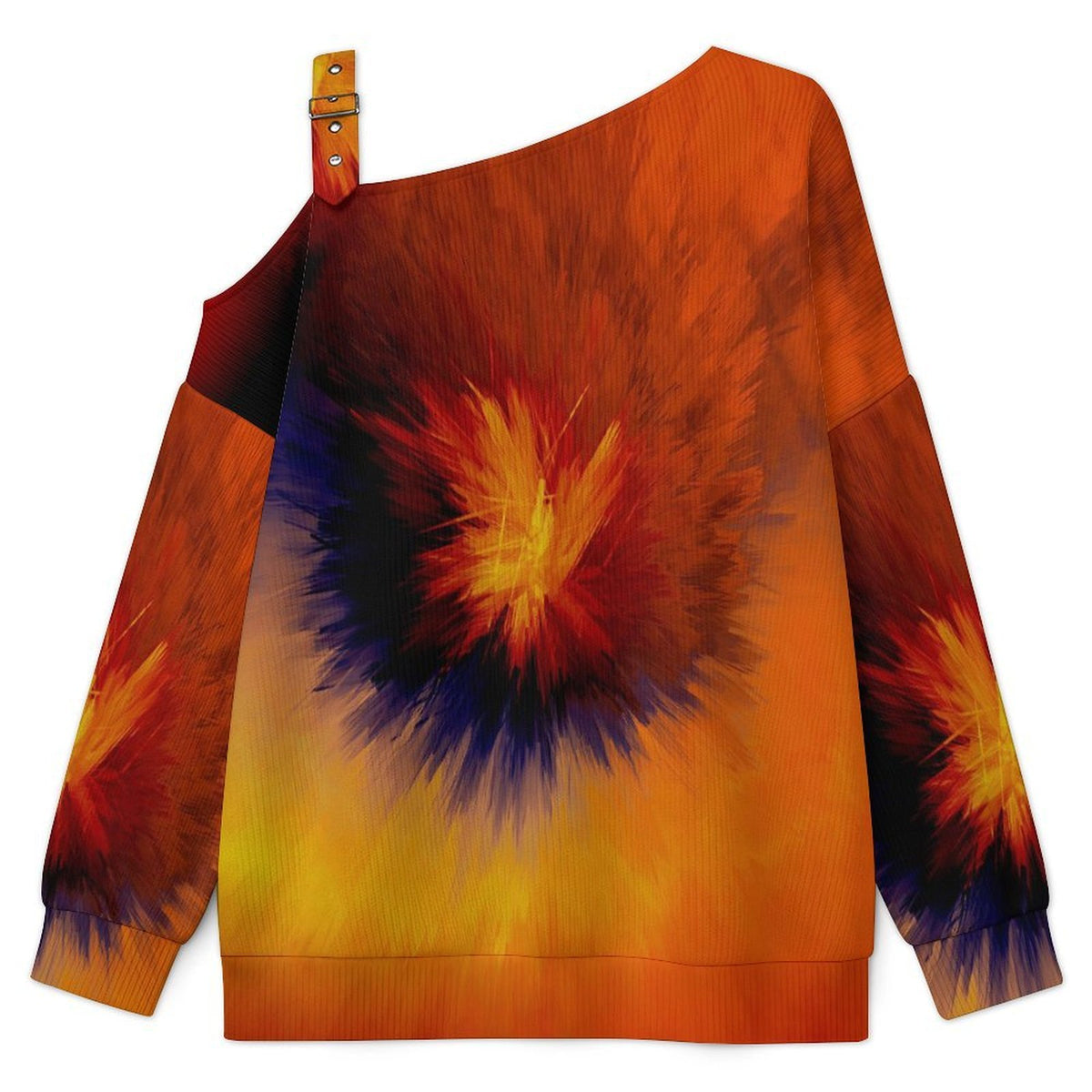 Off-the-shoulder Sweater Tie Dye Red Yellow  Asymmetric Cold Shoulder Knit Sweater for Women, Adjustable Buckle Strap Long Sleeve Casual Slouchy Pullover