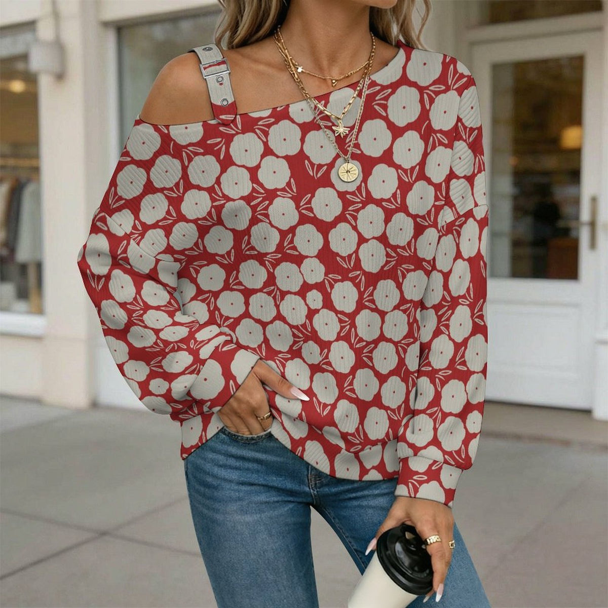 Off-the-shoulder Sweater Flower--white-repeat-red  Asymmetric Cold Shoulder Knit Sweater for Women, Adjustable Buckle Strap Long Sleeve Casual Slouchy Pullover