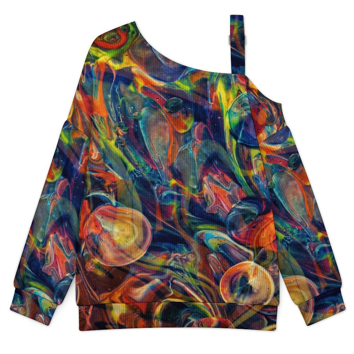 Off-the-shoulder Sweater Color Shading, Pattern, Abstract  Asymmetric Cold Shoulder Knit Sweater for Women, Adjustable Buckle Strap Long Sleeve Casual Slouchy Pullover