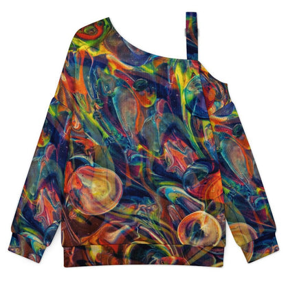 Off-the-shoulder Sweater Color Shading, Pattern, Abstract  Asymmetric Cold Shoulder Knit Sweater for Women, Adjustable Buckle Strap Long Sleeve Casual Slouchy Pullover