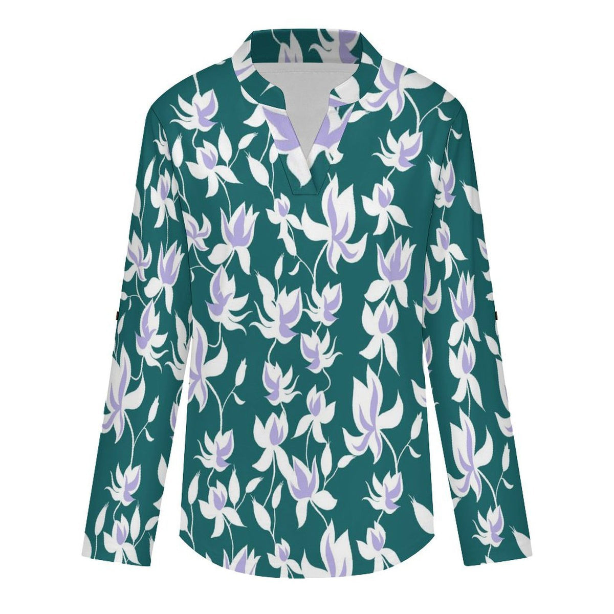 Stand-up Collar Long-sleeved Shirt Flower Pattern Repeat  Customization Women’s V-Neck Blouses,long Sleeve,Roll-Up Sleeve Shirt
