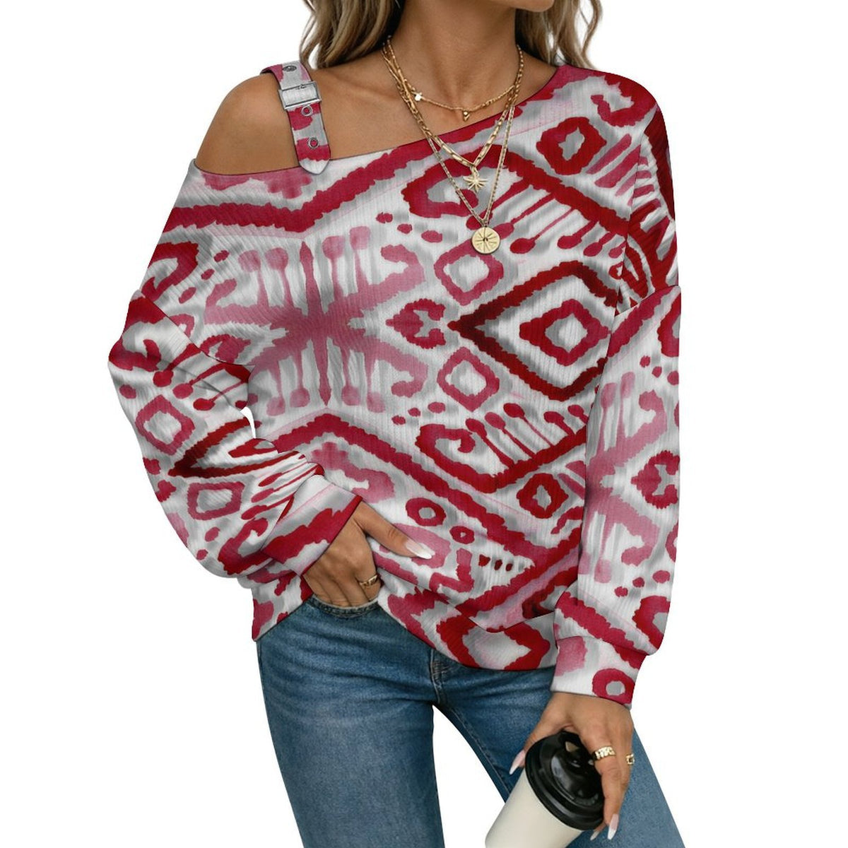 Off-the-shoulder Sweater European Retro Pattern  Asymmetric Cold Shoulder Knit Sweater for Women, Adjustable Buckle Strap Long Sleeve Casual Slouchy Pullover