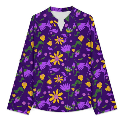 Flower Pattern Repeat  Versatile Notched V-Neck Tunic | Roll Tab 3/4 Sleeve Office Casual Top