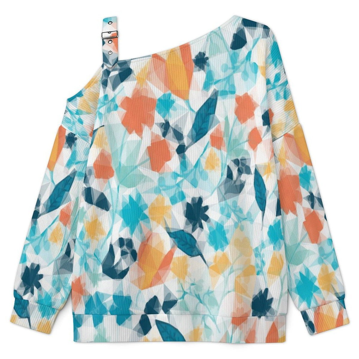 Fall Casual Asymmetric Shoulder Knit Top with Buckle Detail Colored Flowers, Abstract Patterns