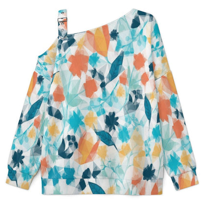 Fall Casual Asymmetric Shoulder Knit Top with Buckle Detail Colored Flowers, Abstract Patterns