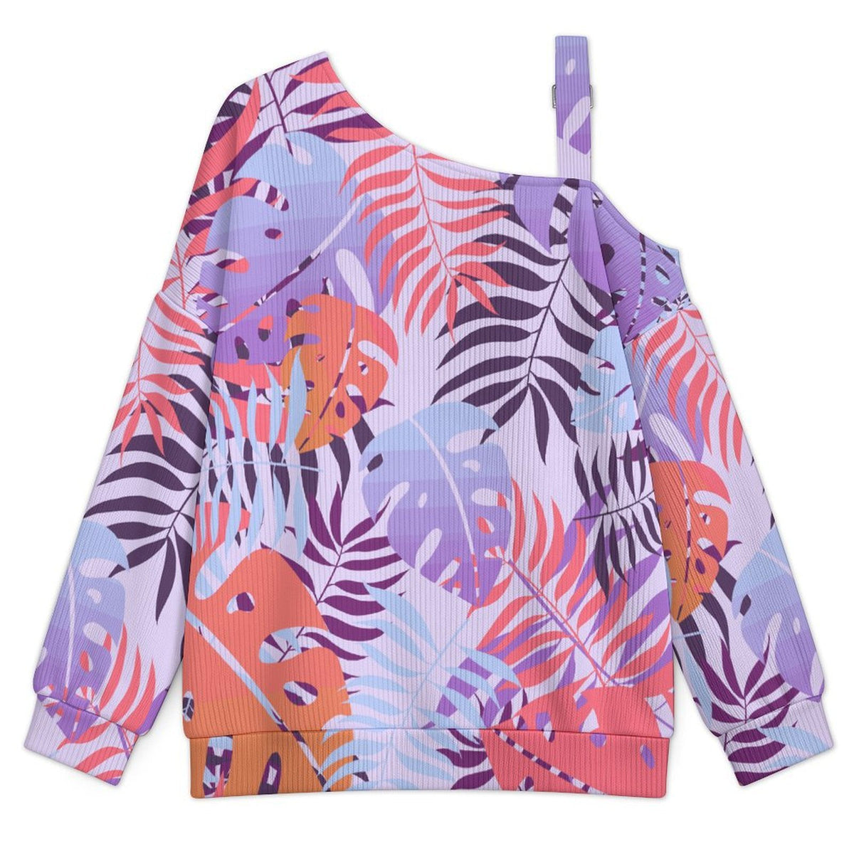 Off-the-shoulder Sweater Tile Pattern-Leaf-Purple-Pink-orange  Asymmetric Cold Shoulder Knit Sweater for Women, Adjustable Buckle Strap Long Sleeve Casual Slouchy Pullover