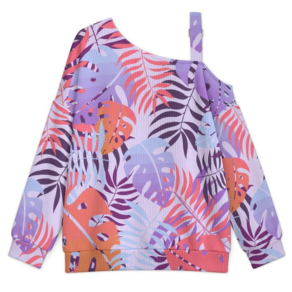 Off-the-shoulder Sweater Tile Pattern-Leaf-Purple-Pink-orange  Asymmetric Cold Shoulder Knit Sweater for Women, Adjustable Buckle Strap Long Sleeve Casual Slouchy Pullover
