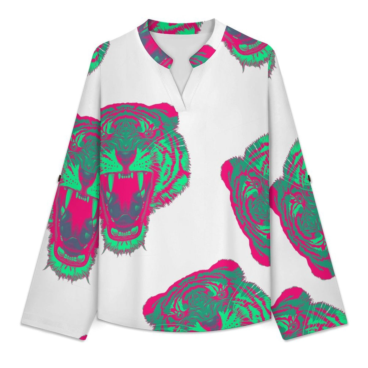 Women's Notched V Neck Tunic Tops, Roll Up 3/4 Sleeve Button Cuff Casual Blouse, Hem Loose Work Shirts  Tiger - Repeat Pattern - Short Skirt