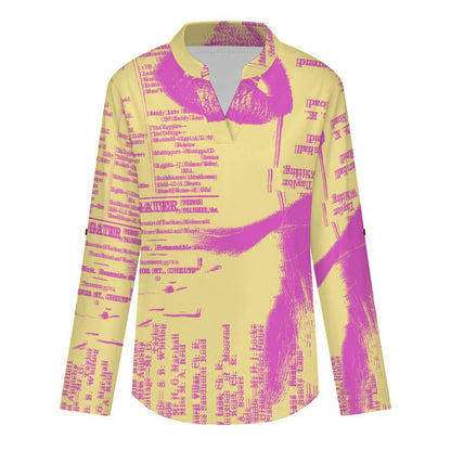 Stand-up Collar Long-sleeved Shirt Newspaper Girl Vintage  Customization Women’s V-Neck Blouses,long Sleeve,Roll-Up Sleeve Shirt
