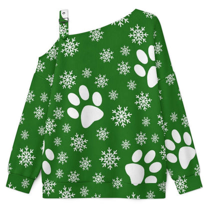 Off-the-shoulder Sweater Christmas Snowflakes Cats And Dogs Paws Snowflakes Green  Asymmetric Cold Shoulder Knit Sweater for Women, Adjustable Buckle Strap Long Sleeve Casual Slouchy Pullover
