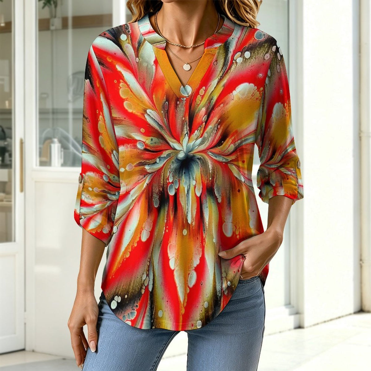 Stand-up Collar Long-sleeved Shirt Pattern  Customization Women’s V-Neck Blouses,long Sleeve,Roll-Up Sleeve Shirt