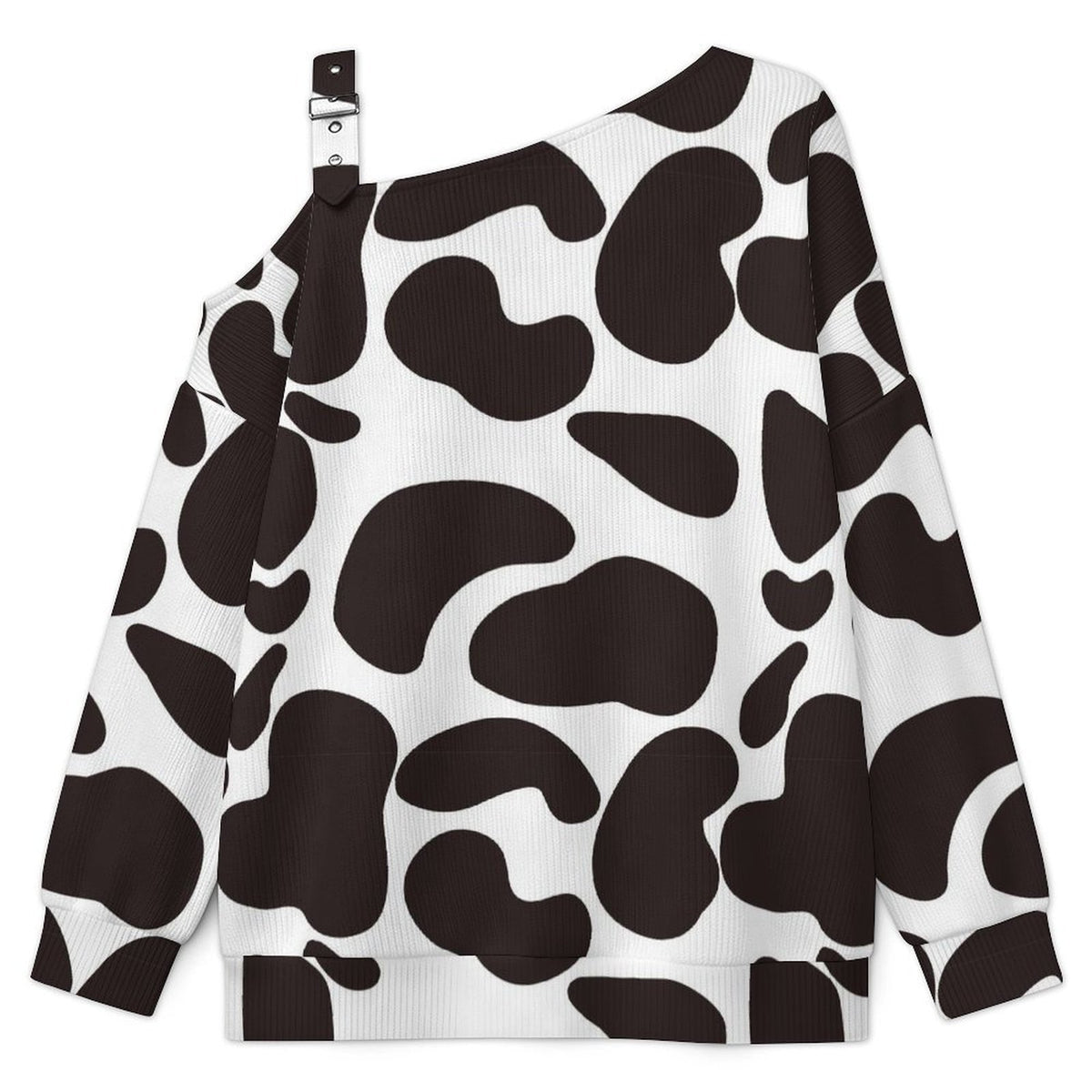 Off-the-shoulder Sweater Pattern-Cow-Black And White-Repeat  Asymmetric Cold Shoulder Knit Sweater for Women, Adjustable Buckle Strap Long Sleeve Casual Slouchy Pullover