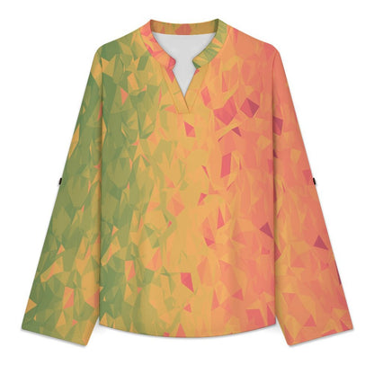 Women's Notched V Neck Tunic Tops, Roll Up 3/4 Sleeve Button Cuff Casual Blouse, Hem Loose Work Shirts  Colored Diamond Pattern