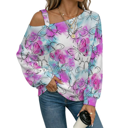 Long Sleeve Relaxed-Fit Solid Pullover Watercolor Butterfly