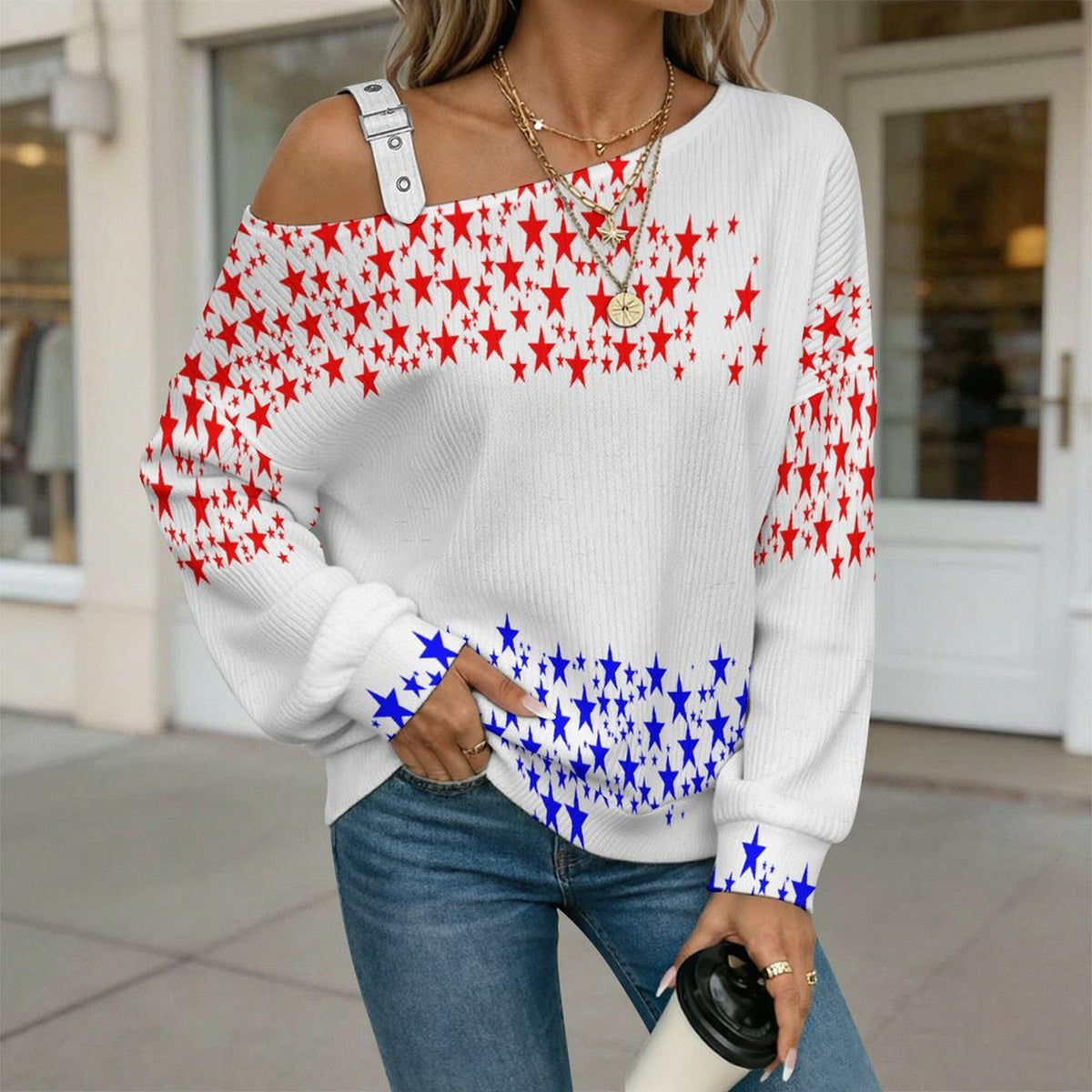Off-the-shoulder Sweater Red And Blue Stars  U.S. Territory  Asymmetric Cold Shoulder Knit Sweater for Women, Adjustable Buckle Strap Long Sleeve Casual Slouchy Pullover
