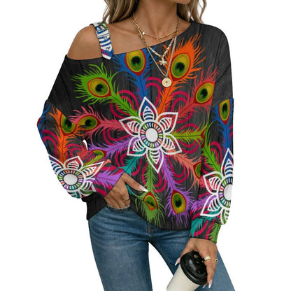 Off-the-shoulder Sweater Peacock Feather  Asymmetric Cold Shoulder Knit Sweater for Women, Adjustable Buckle Strap Long Sleeve Casual Slouchy Pullover
