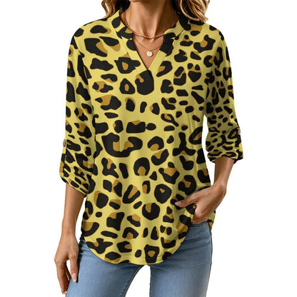 Versatile Notched V-Neck Tunic | Roll Tab 3/4 Sleeve Office Casual Top  Yellow Leopard Print