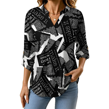 Stand-up Collar Long-sleeved Shirt Newspaper Vintage Dress white S Women’s V-Neck Blouses