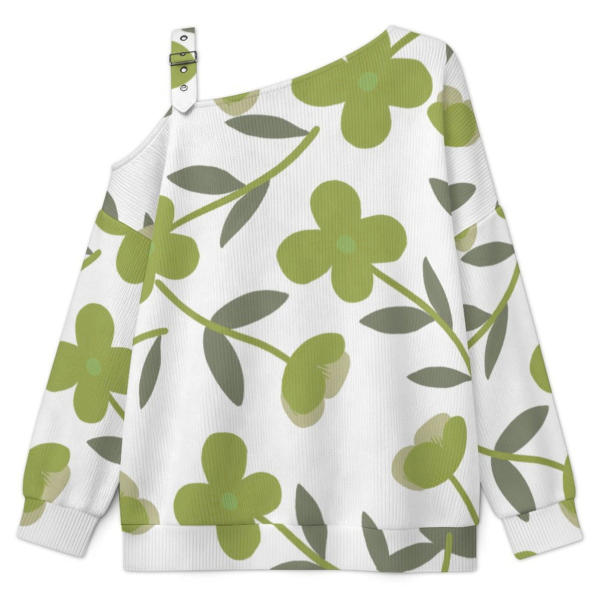 Off-the-shoulder Sweater Grass Green Tile Decorative Pattern  Asymmetric Cold Shoulder Knit Sweater for Women, Adjustable Buckle Strap Long Sleeve Casual Slouchy Pullover