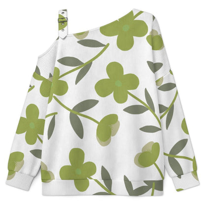 Off-the-shoulder Sweater Grass Green Tile Decorative Pattern  Asymmetric Cold Shoulder Knit Sweater for Women, Adjustable Buckle Strap Long Sleeve Casual Slouchy Pullover